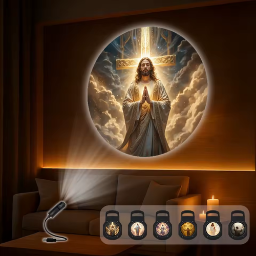 Proyector de luces con diseños de Dios y Jesús.