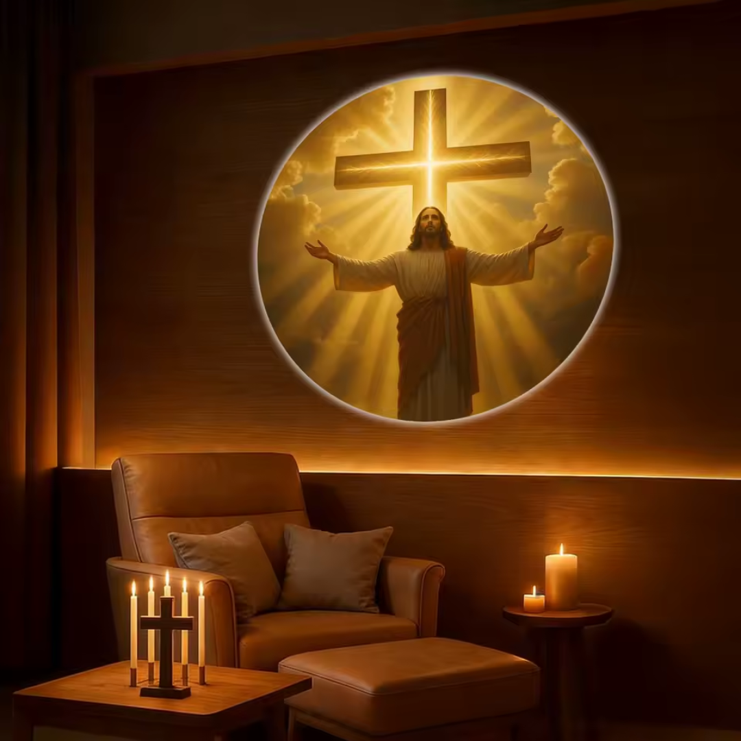Proyector de luces con diseños de Dios y Jesús.